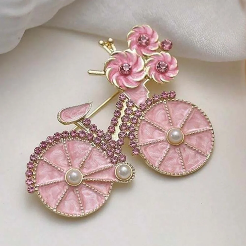 Pink Bicycle Brooch w/ Pearls, Pink Bike Brooch, Spring Brooch, Feminine Brooch